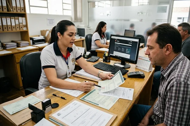 Despachante explicando sobre licenciamento anual a cliente em Americana.