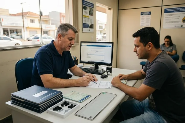 Profissional ajudando cliente com emplacamento de veículo novo em Americana.